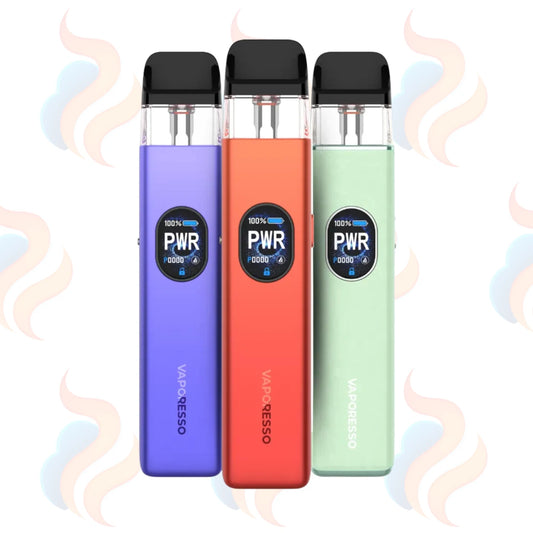Three Vaporesso Xros 5 vaping devices in purple, red, and green on a white background with smoke graphics.