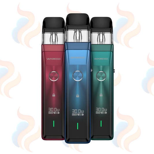 Three Vaporesso Xros Pro vaping devices in red, blue, and green on a white background with subtle smoke effects.