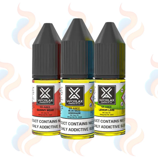 Three bottles of VaporLax e-liquid with colourful labels on a white background.