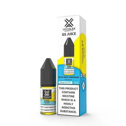 Vaporlax GS Juice Blue Razz Lemonade vape juice bottle and packaging on a white background