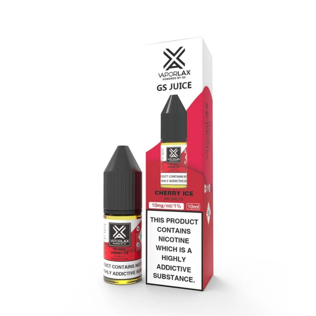 Vaporlax GS Juice Cherry Ice vape juice bottle and packaging on a white background