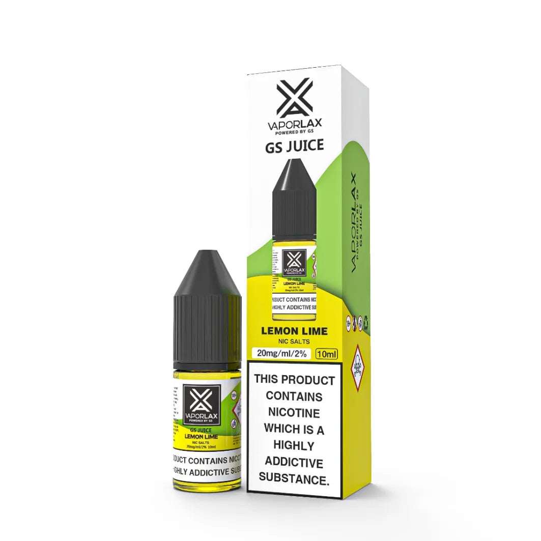 Vaporlax GS Juice Lemon Lime vape juice bottle and packaging on a white background
