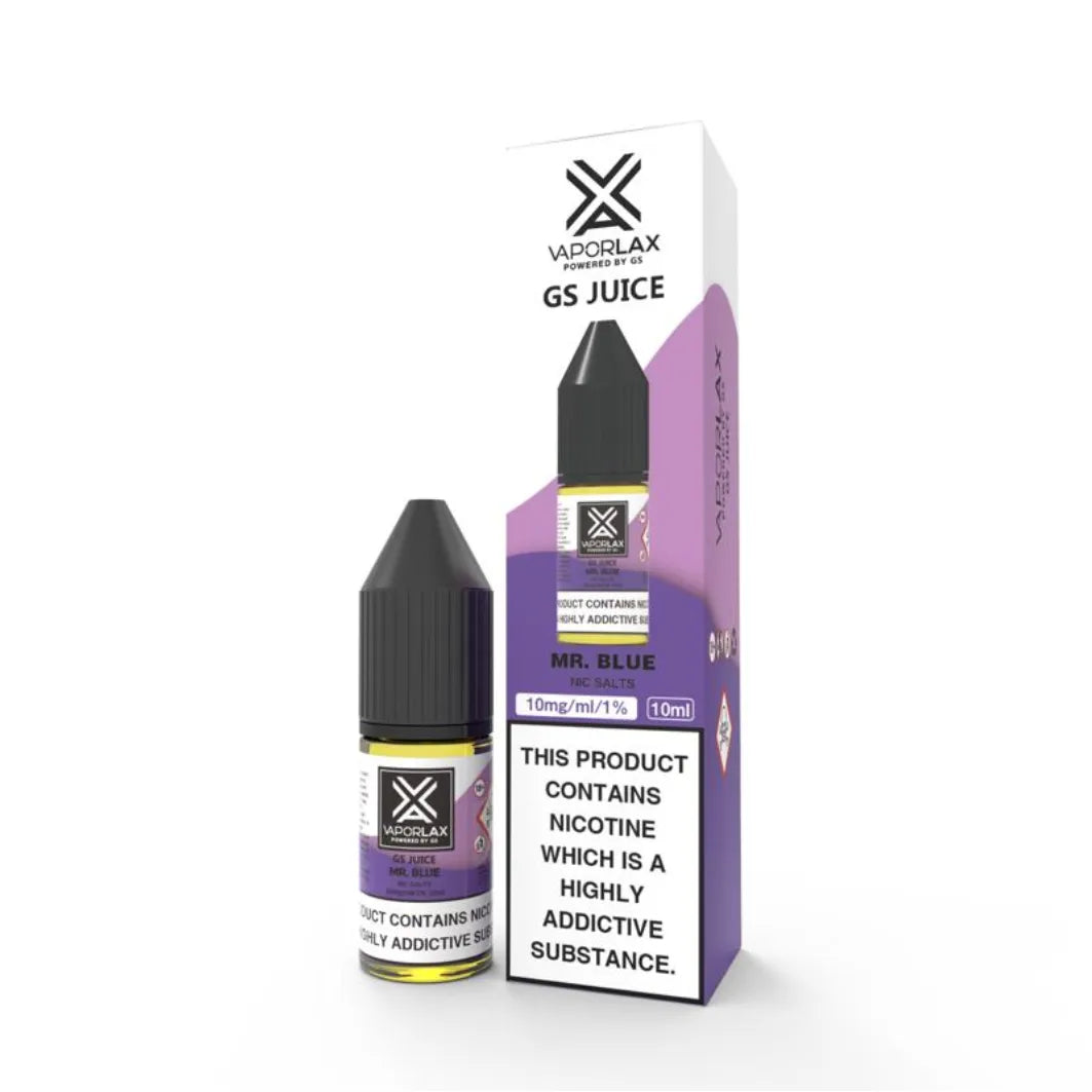 Vaporlax GS Juice Mr blue vape juice bottle and packaging on a white background