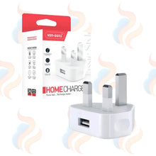 White plug adapter with USB port and packaging labeled 'VEN-DENS HOMECHARGE' on a white background.
