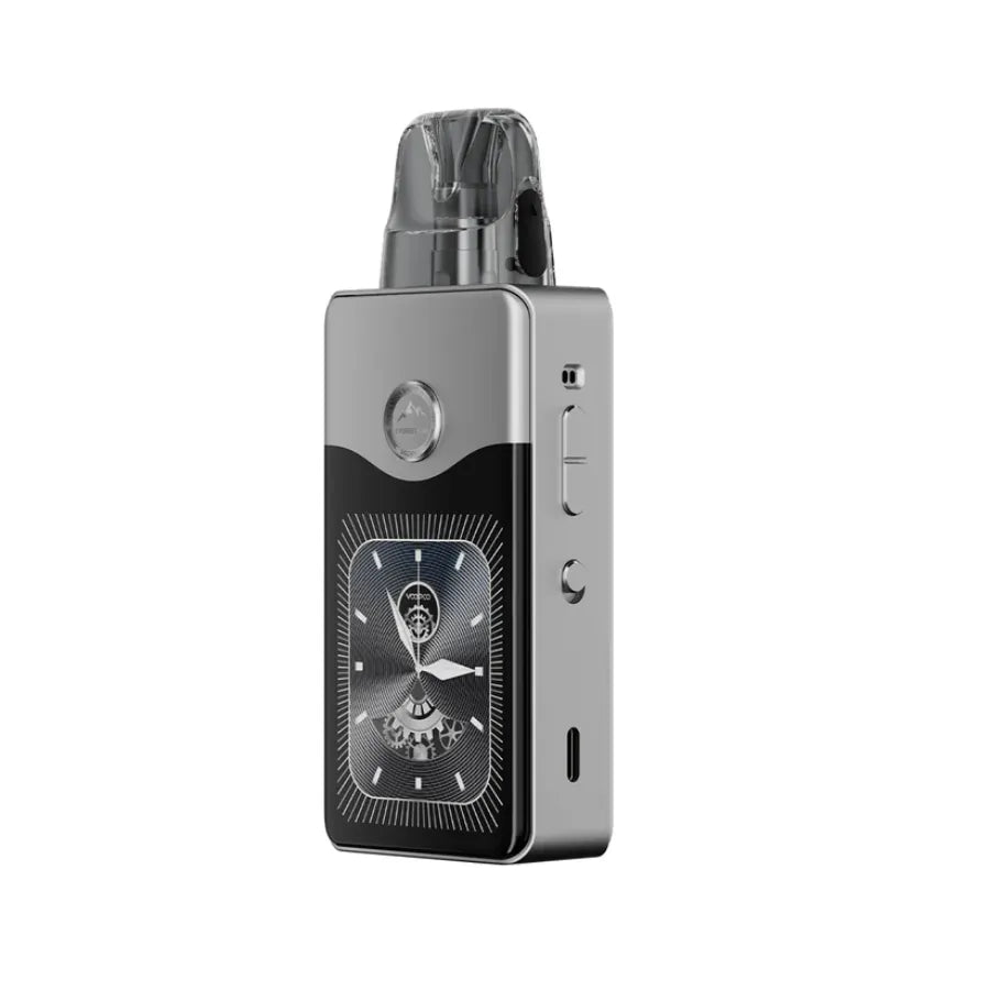 Silver vinci vape device with a clock design on a white background