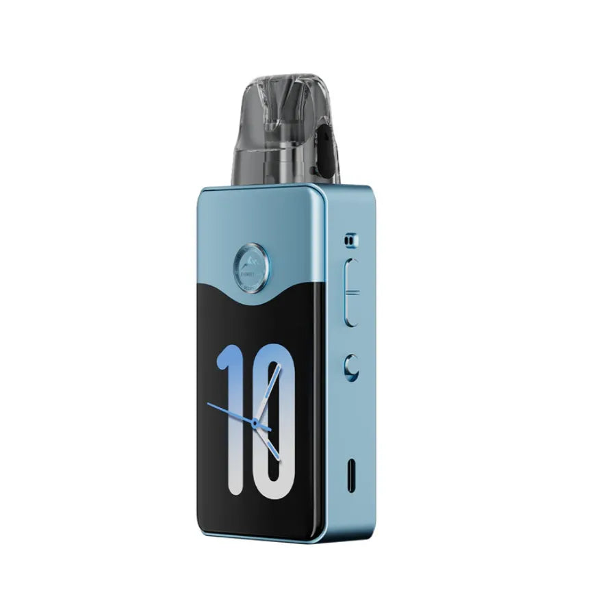 Vaping device with a blue and black design on a white background