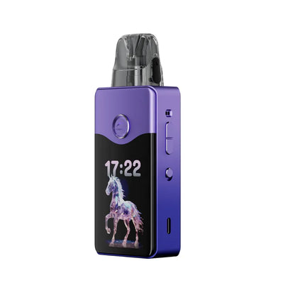 Purple vape device with a digital display showing a horse and time on a white background