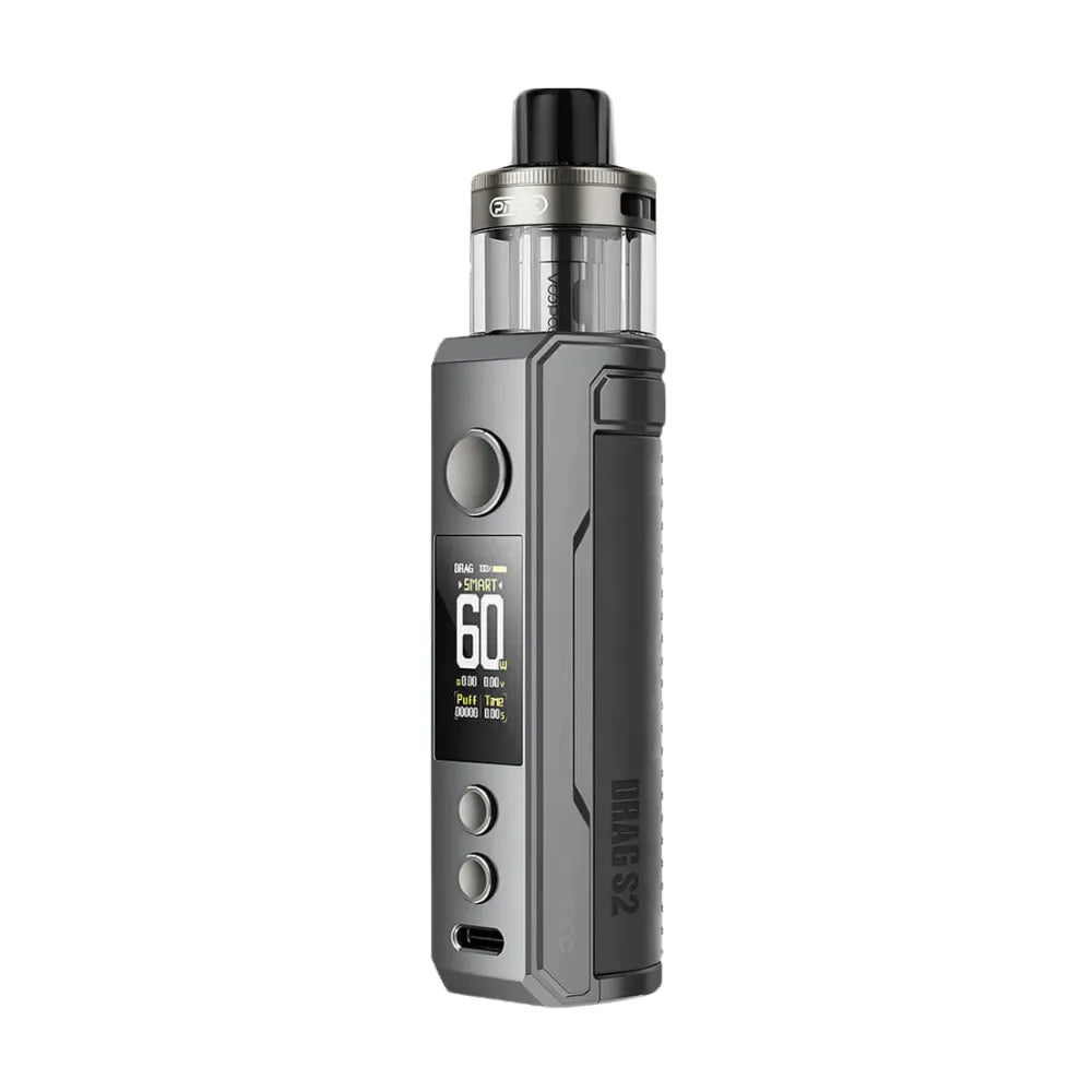 Black vape device with digital display on a white background