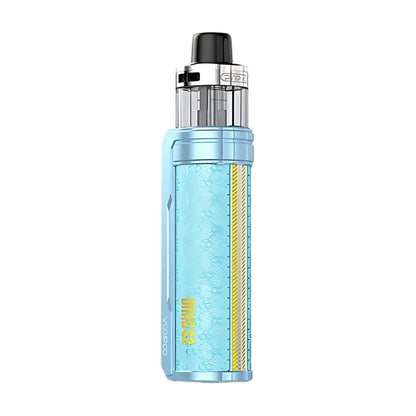 Blue vape device with yellow text on a white background