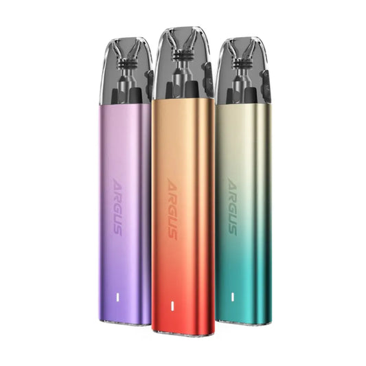 Three ARGUS vape devices in purple, gold, and green on a white background