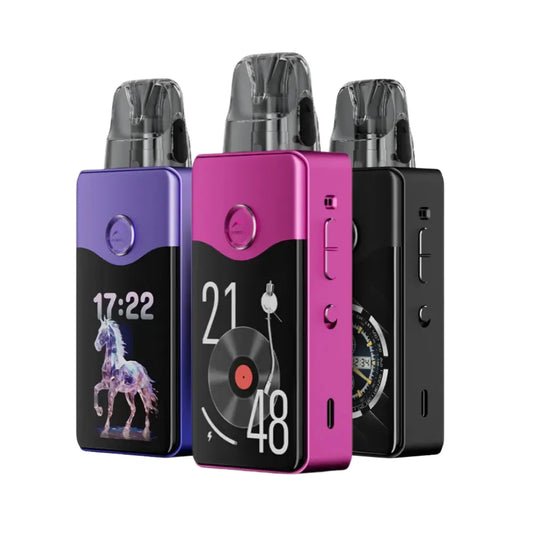 Three vape devices with digital displays on a white background