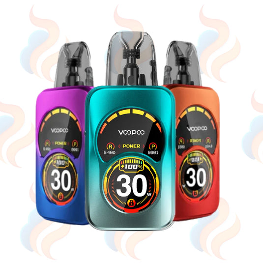 Three Voopoo Argus A vape devices in purple, blue, and red on a white background with smoke effects.