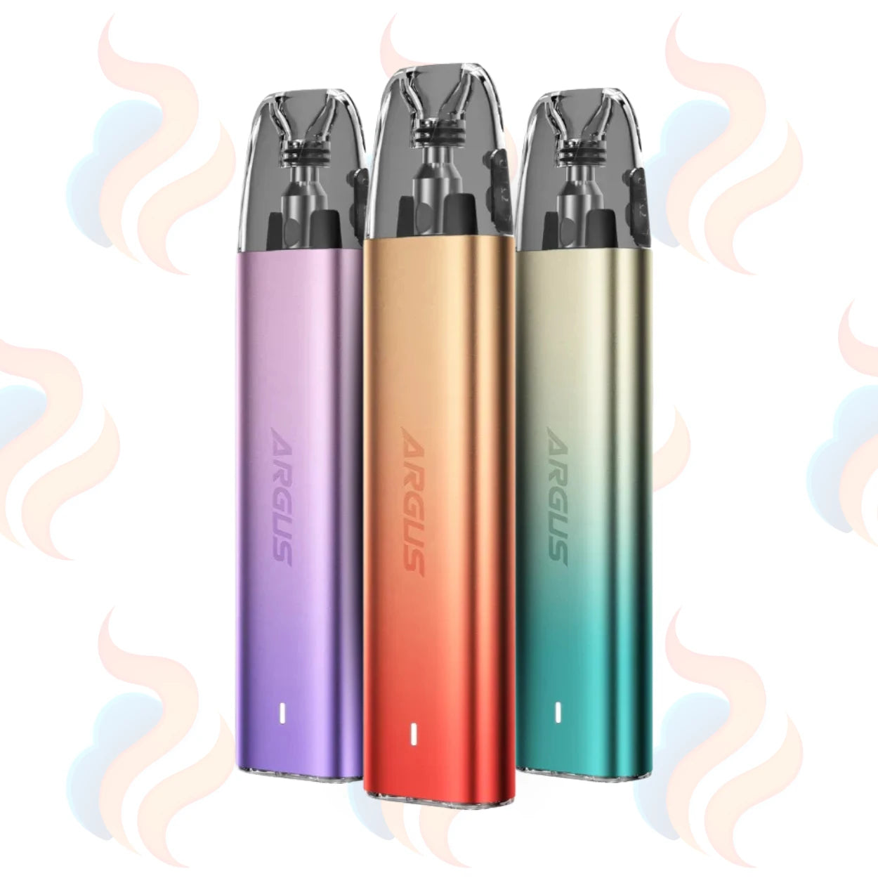 Three Voopoo ARGUS g2 Mini vape devices in purple, gold, and green on a white background with smoke effects.