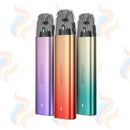 Three Voopoo ARGUS g2 Mini vape devices in purple, gold, and green on a white background with smoke effects.