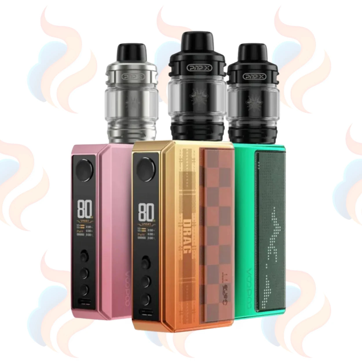 Three Voopoo Drag 5 vaping devices in different colours on a white background with decorative elements.
