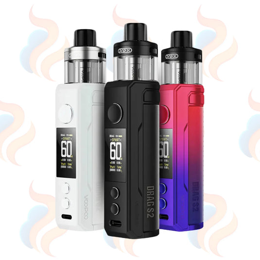 Three Voopoo Drag S2 vaping devices in white, black, and purple on a white background with decorative smoke effects.