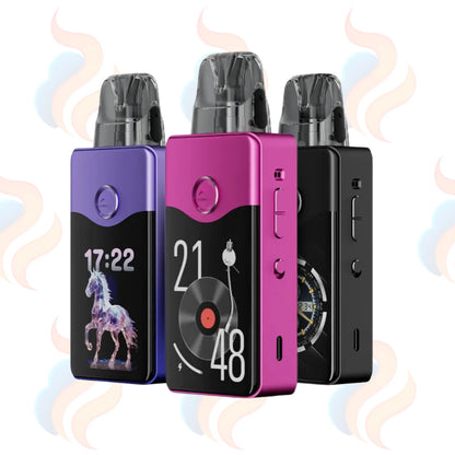 Three Voopoo Vinci E120 vaping devices with digital displays on a white background