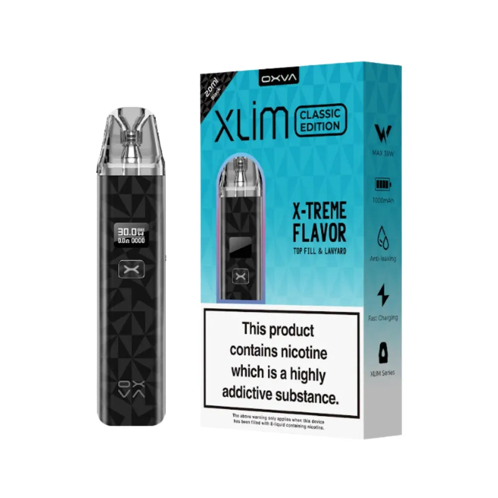 OXVA Xlim Classic Edition vape device and packaging on a white 