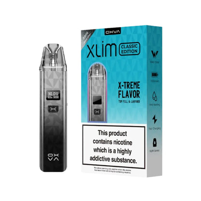 OXVA Xlim Classic Edition vape device and packaging on a white 