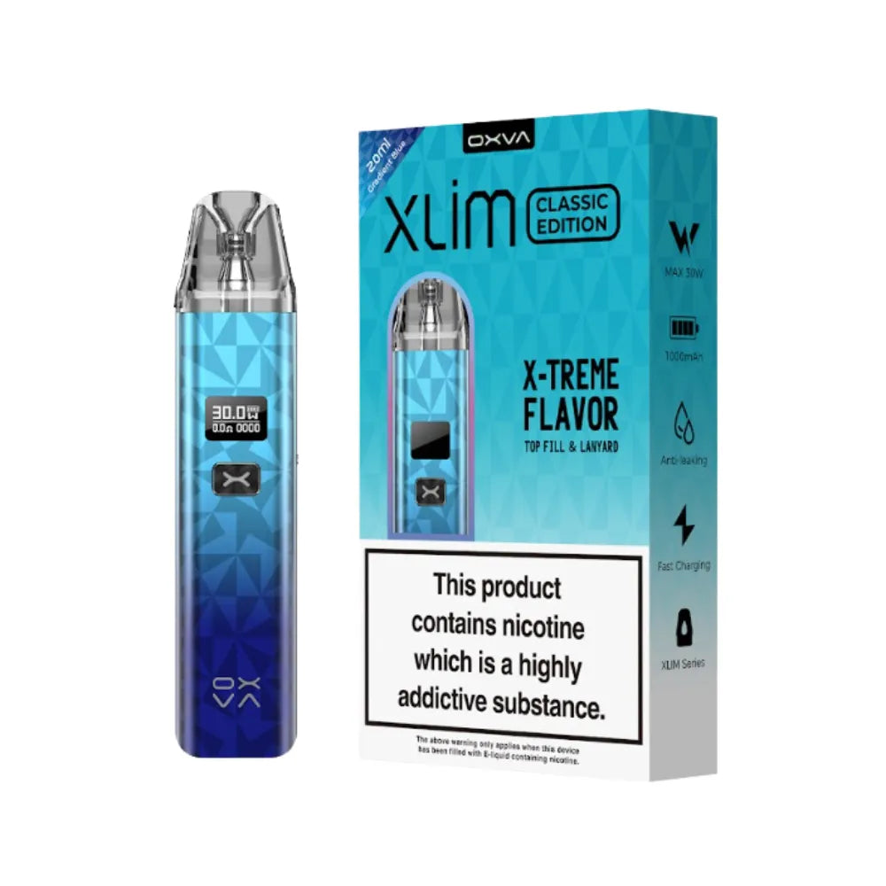 OXVA Xlim Classic Edition vape device and packaging on a white 