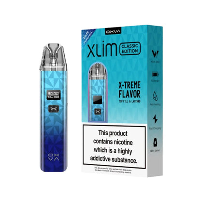 OXVA Xlim Classic Edition vape device and packaging on a white 