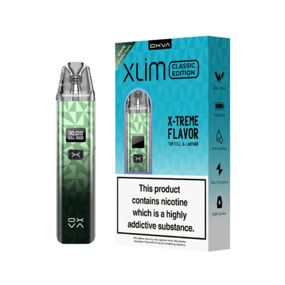 OXVA Xlim Classic Edition vape device and packaging on a white 