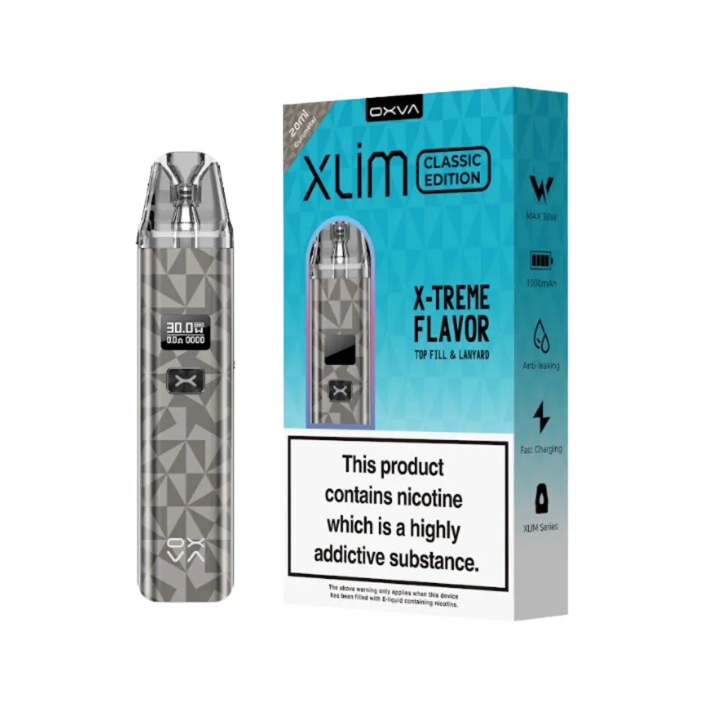 OXVA Xlim Classic Edition vape device and packaging on a white 
