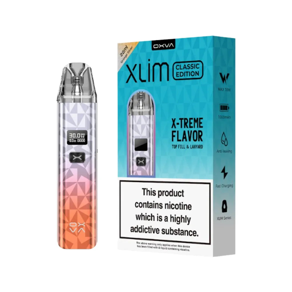 OXVA Xlim Classic Edition vape device and packaging on a white 