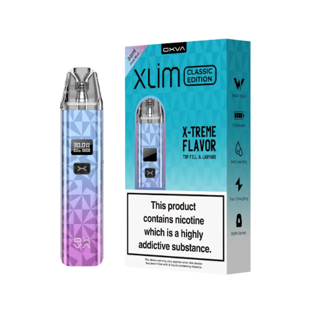 OXVA Xlim Classic Edition vape device and packaging on a white 