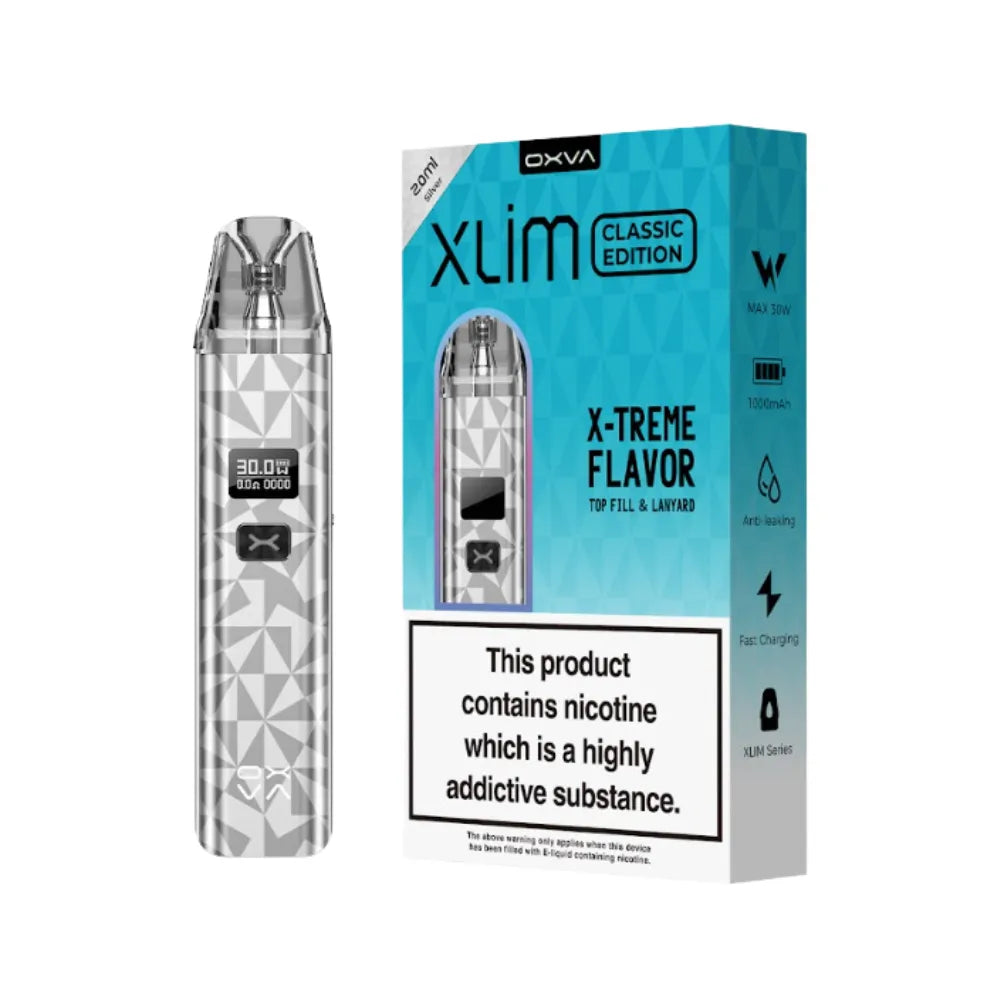 OXVA Xlim Classic Edition vape device and packaging on a white 