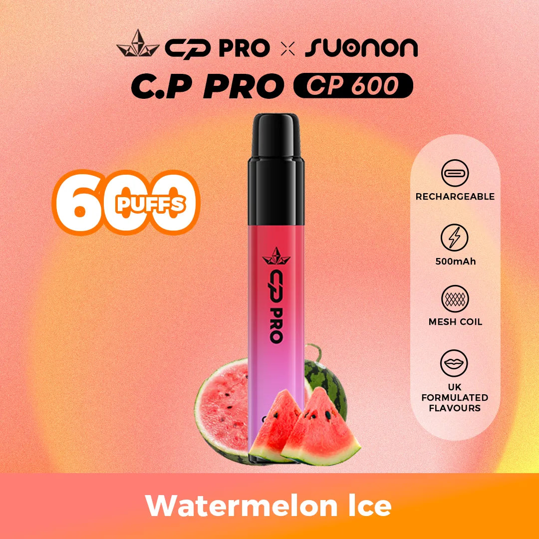 Suonon x CP Pro CP600 vape device with watermelon ice flavour on a colourful gradient background