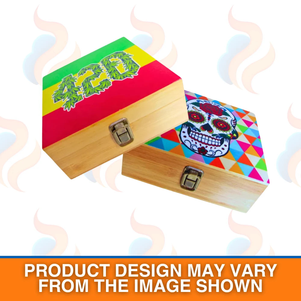 Two wooden boxes with colourful designs on a white background
