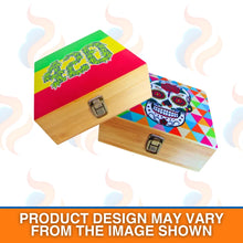 Two wooden boxes with colourful designs on a white background