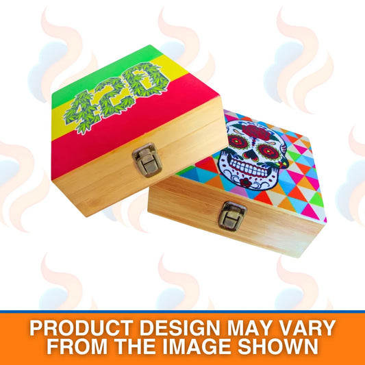 Two wooden boxes with colourful designs on a white background