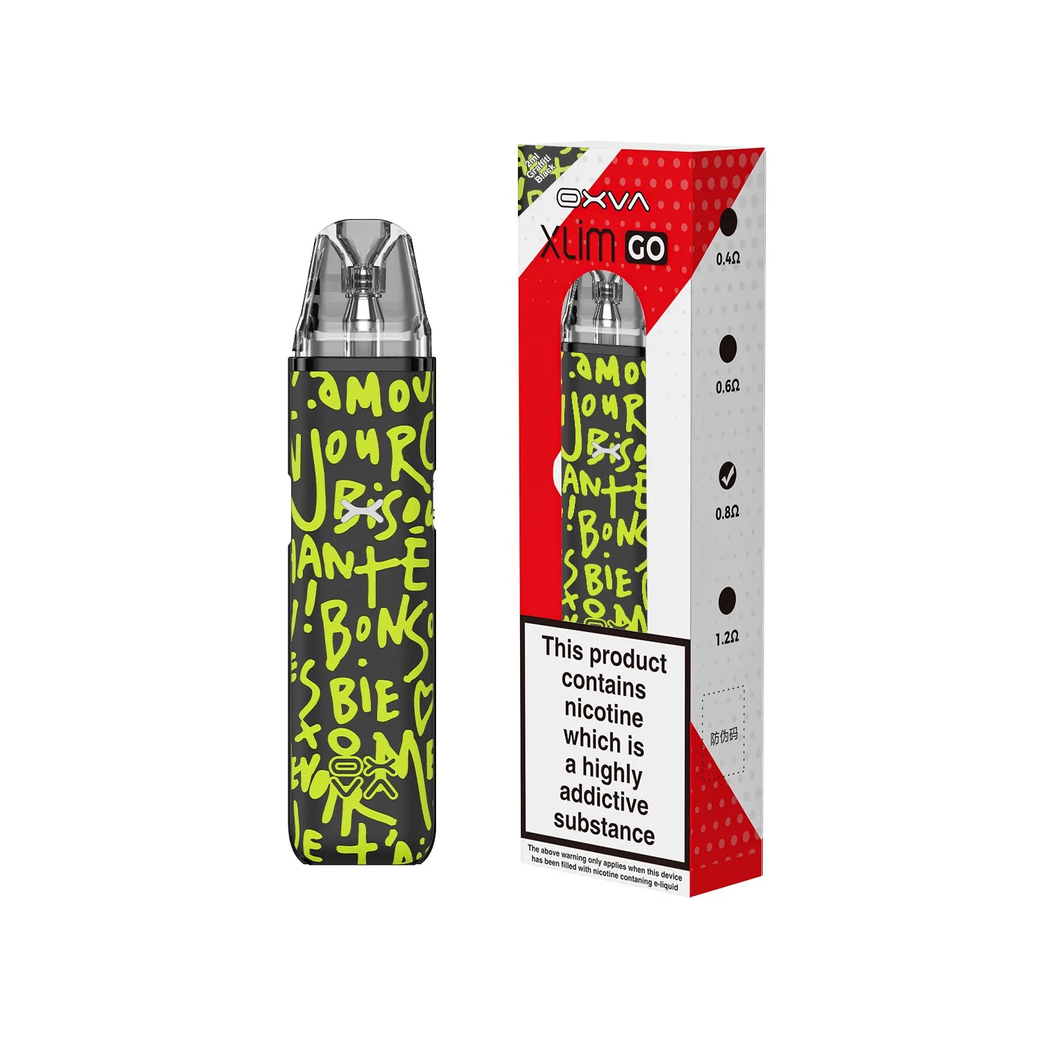 OXVA Xlim Go Graffiti Black vape device with red and white packaging on a white background