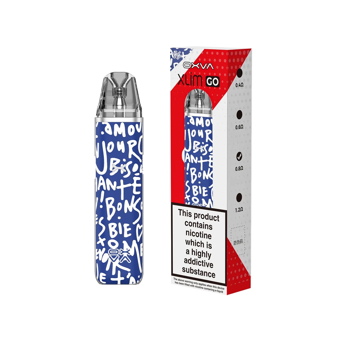 OXVA Xlim Go Graffiti Blue vape device with red and white packaging on a white background