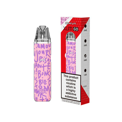 OXVA Xlim Go Graffiti Pink vape device with red and white packaging on a white background