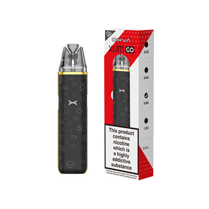 OXVA Xlim Go Black with gold vape device with red and white packaging on a white background