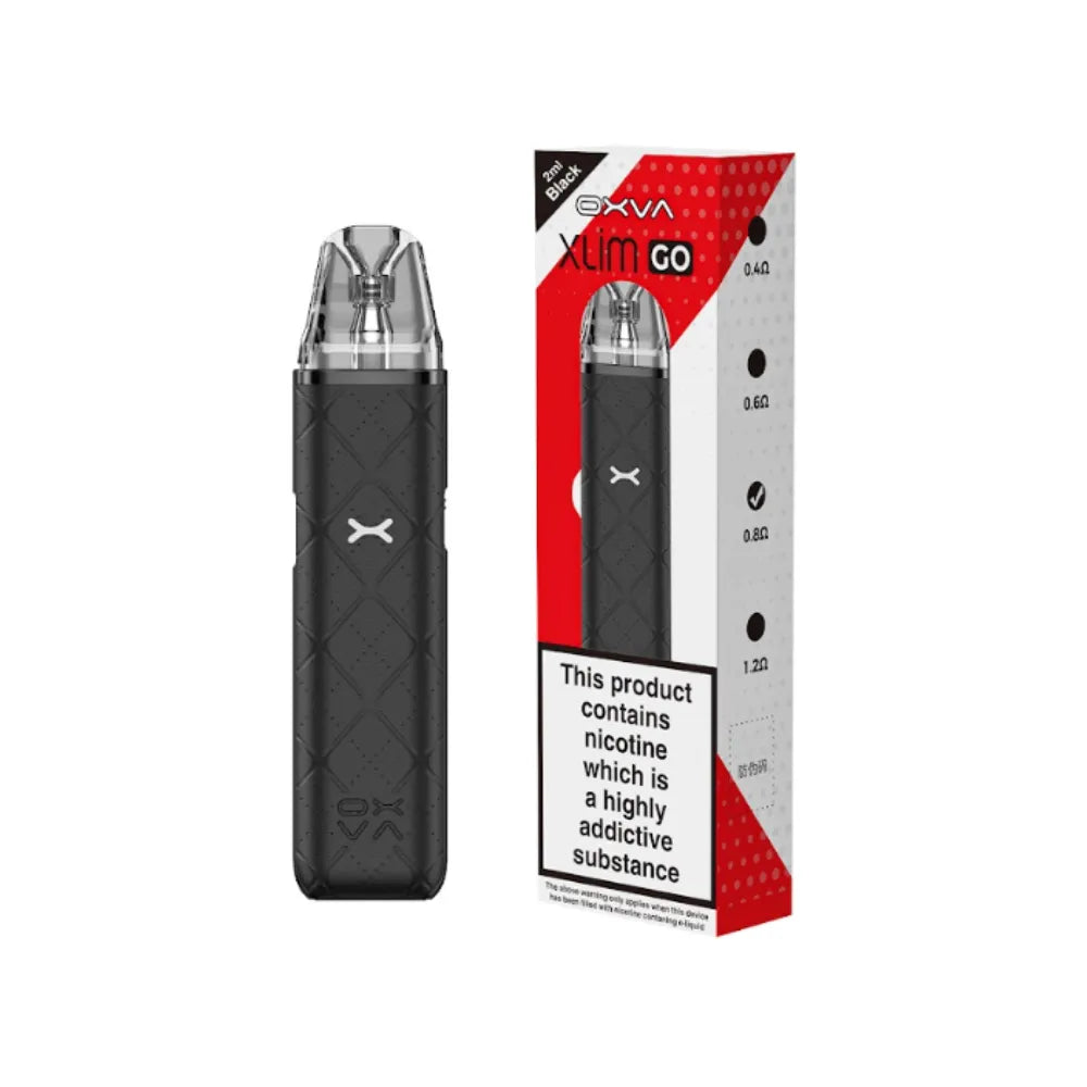 OXVA Xlim Go Black vape device with red and white packaging on a white background