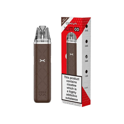 OXVA Xlim Go Brown vape device with red and white packaging on a white background