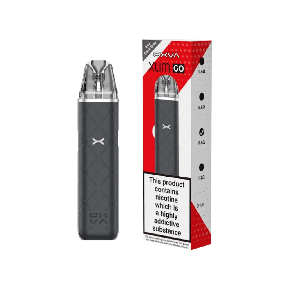 OXVA Xlim Go Dark Grey vape device with red and white packaging on a white background