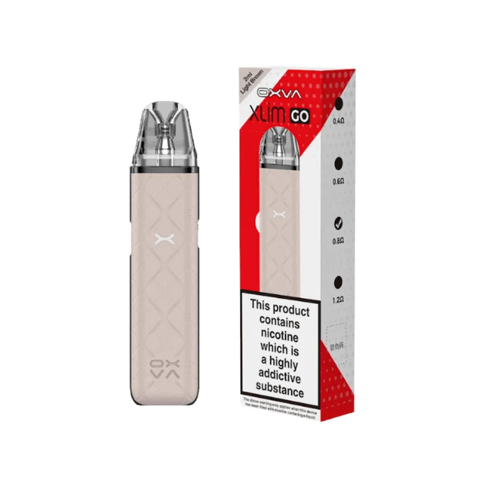 OXVA Xlim Go Light Brown vape device with red and white packaging on a white background