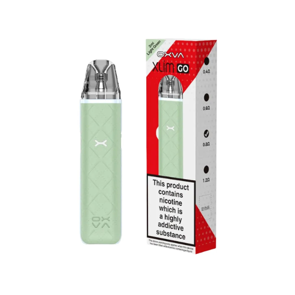 OXVA Xlim Go Mint Green vape device with red and white packaging on a white background