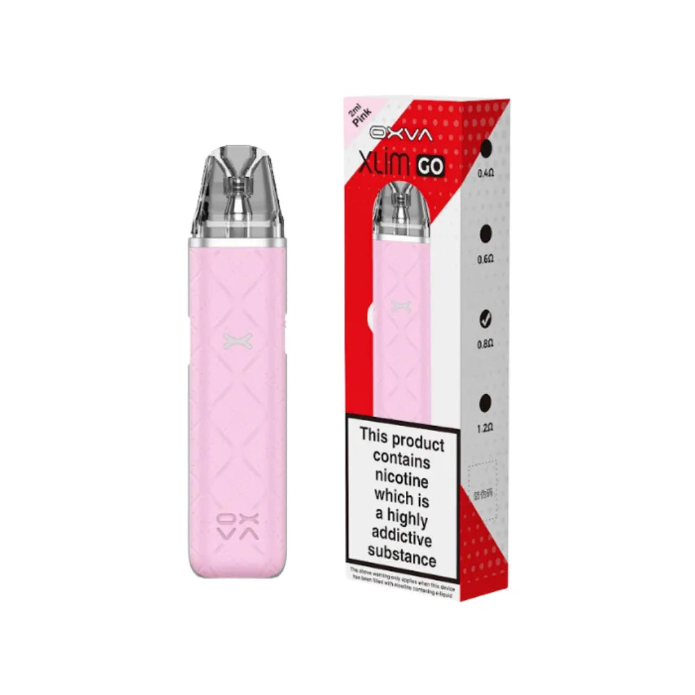 OXVA Xlim Go pink vape device with red and white packaging on a white background