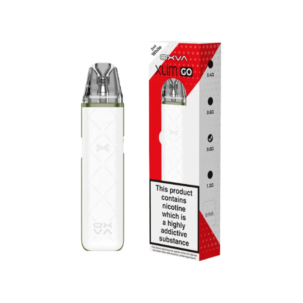 OXVA Xlim Go White vape device with red and white packaging on a white background