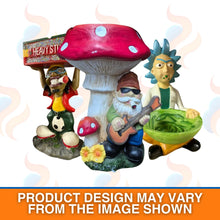 Colourful garden gnome figurines with a mushroom and a character holding a bowl.