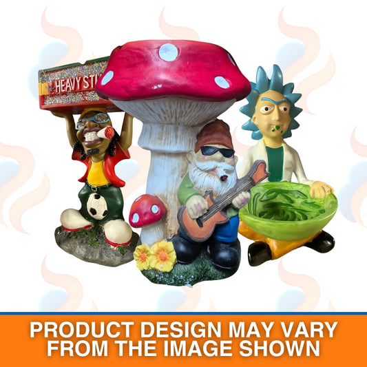 Colourful garden gnome figurines with a mushroom and a character holding a bowl.