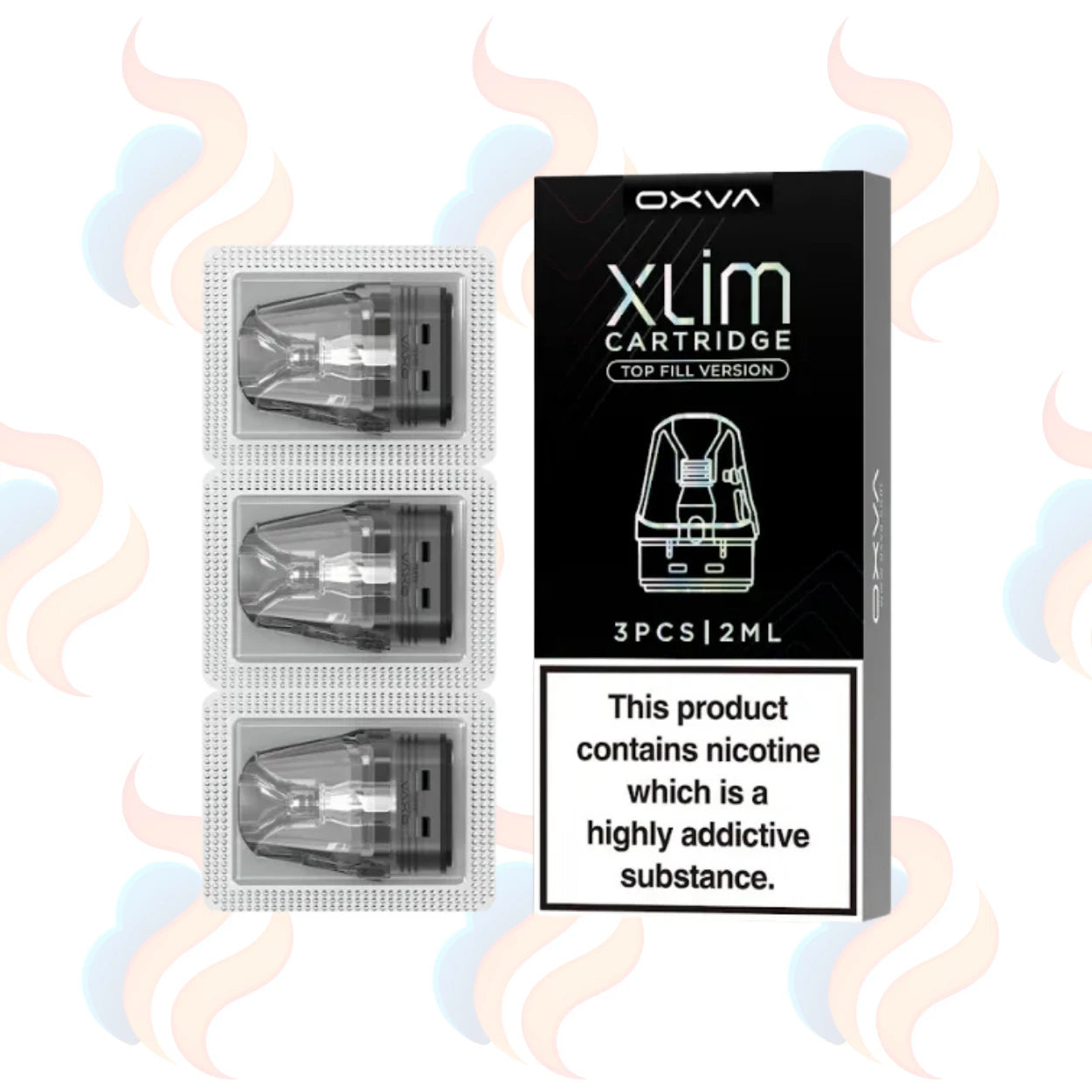 OXVA Xlim Cartridge packaging with three cartridges on a white background
