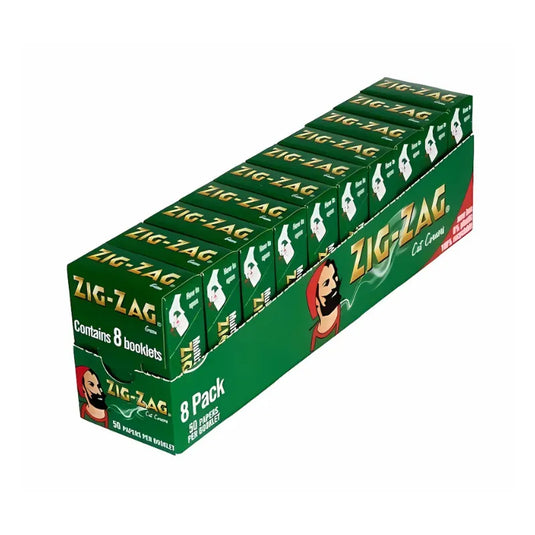 Multiple boxes of green Zig-Zag rolling paper on a white background