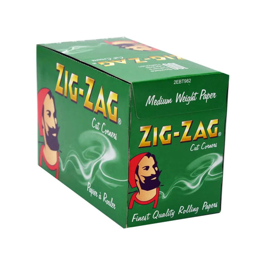 Box of 100 Zig-Zag rolling papers with green and red design on a white background